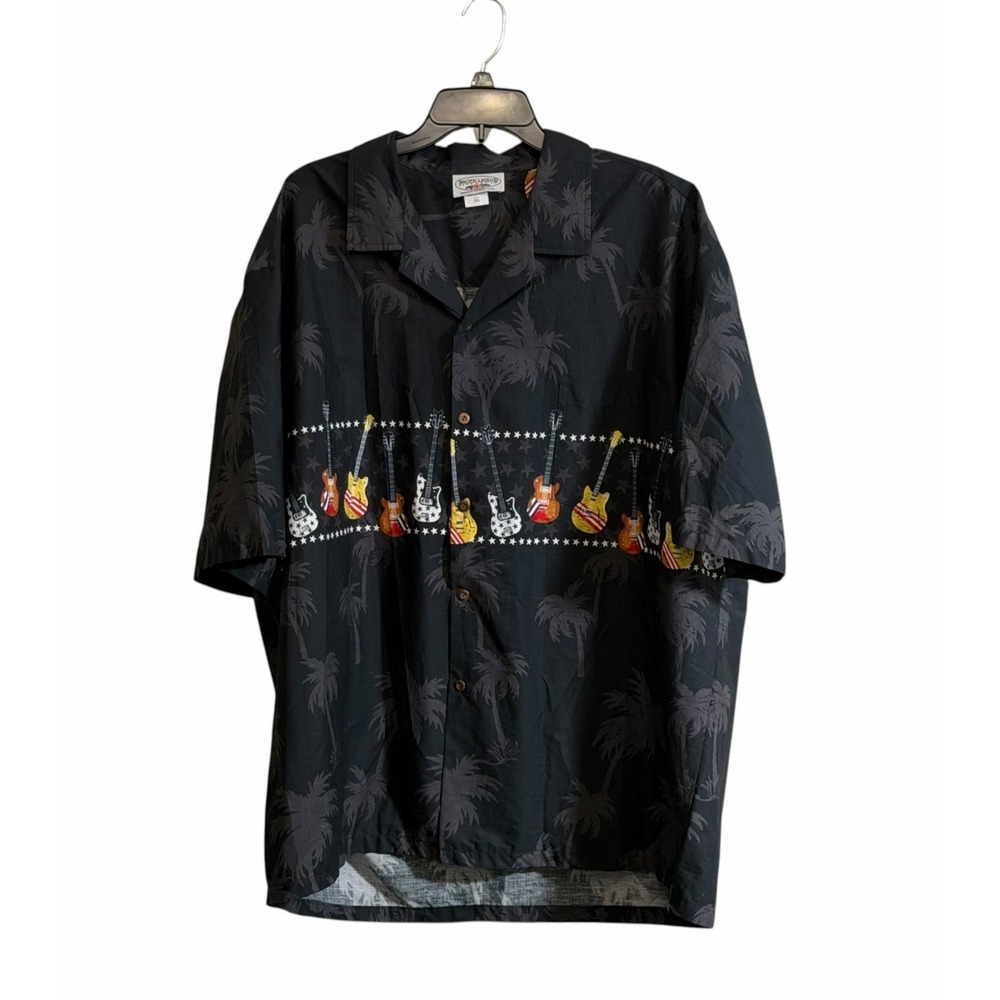 Pacific Legend Hawaiian Shirt Button Mens 3XL Black Palm Trees Guitars USA